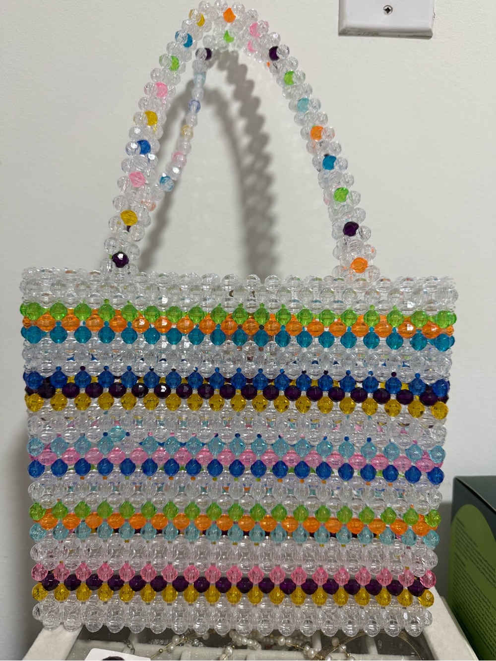 Susan Alexandra Clear Beaded Tote Bag with Multicolor Stripes